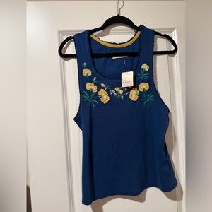 Free People Navy Tank Top with Yellow Floral Embroidery